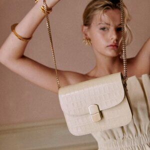 Sezane Milo Mini Classic Bag  Ecru Croco Print w/ Gold Chain Strap